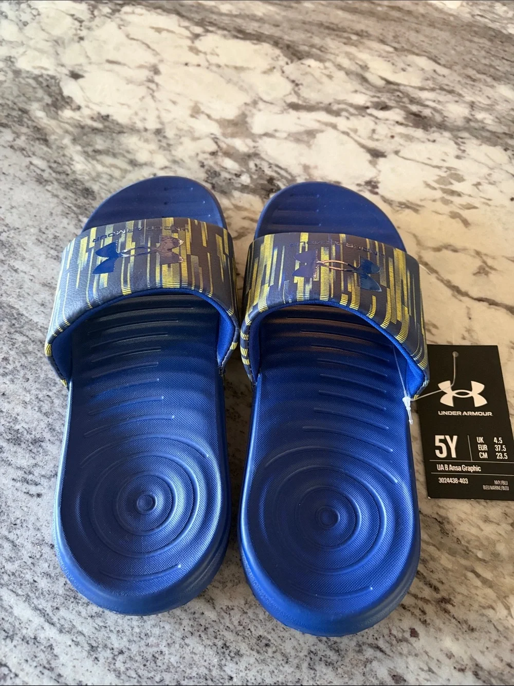 Under Armour Boys' Navy Blue and Yellow Slide Sandals